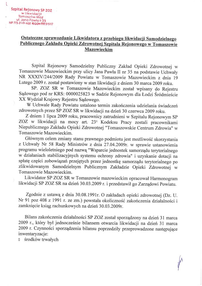 Sprawozdanie likwidatora szpitala, 2009 r.